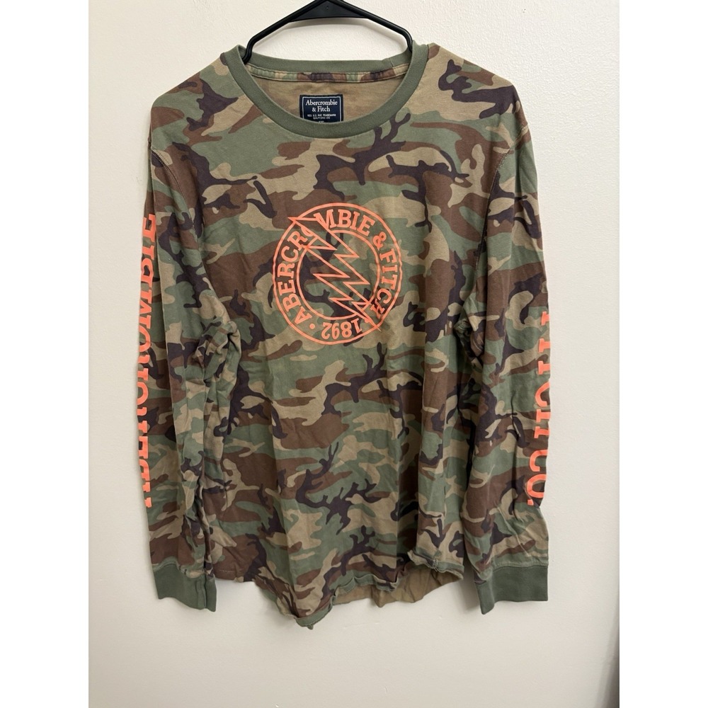 Abercrombie & Fitch Men's Camo Long Sleeve Shirt Y2K Orange Graphic Print XXL